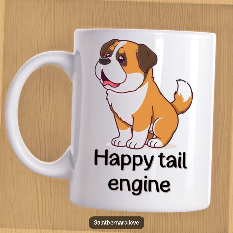 Funny Saint Bernard mug, a dog with its whole body shaking from an intensely wagging tail, conveying pure, unrestrained happiness.