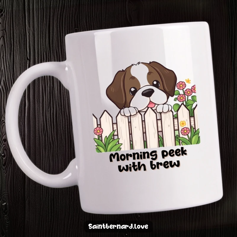 Funny Kawaii Saint Bernard Mug featuring a cute dog peeking curiously over a garden fence, showing a playful personality.