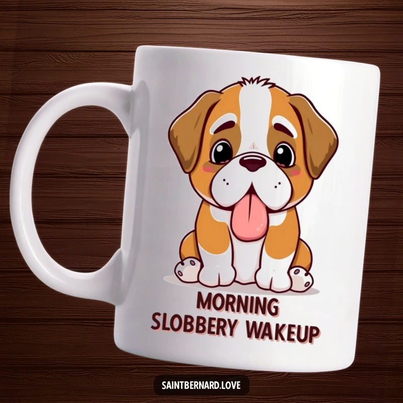Funny Kawaii Saint Bernard dog mug, joyfully panting and offering a slobbery toy, capturing pure, happy dog energy.