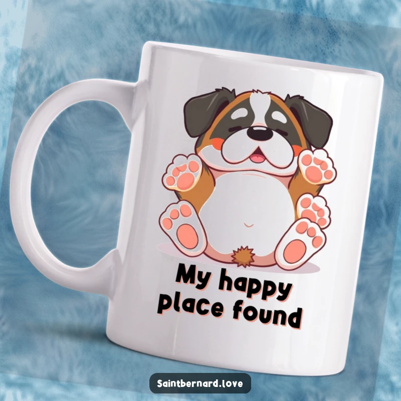 Funny Kawaii Saint Bernard mug, blissfully rolling on its back with all four paws playfully raised in the air, embodying pure doggy happiness.