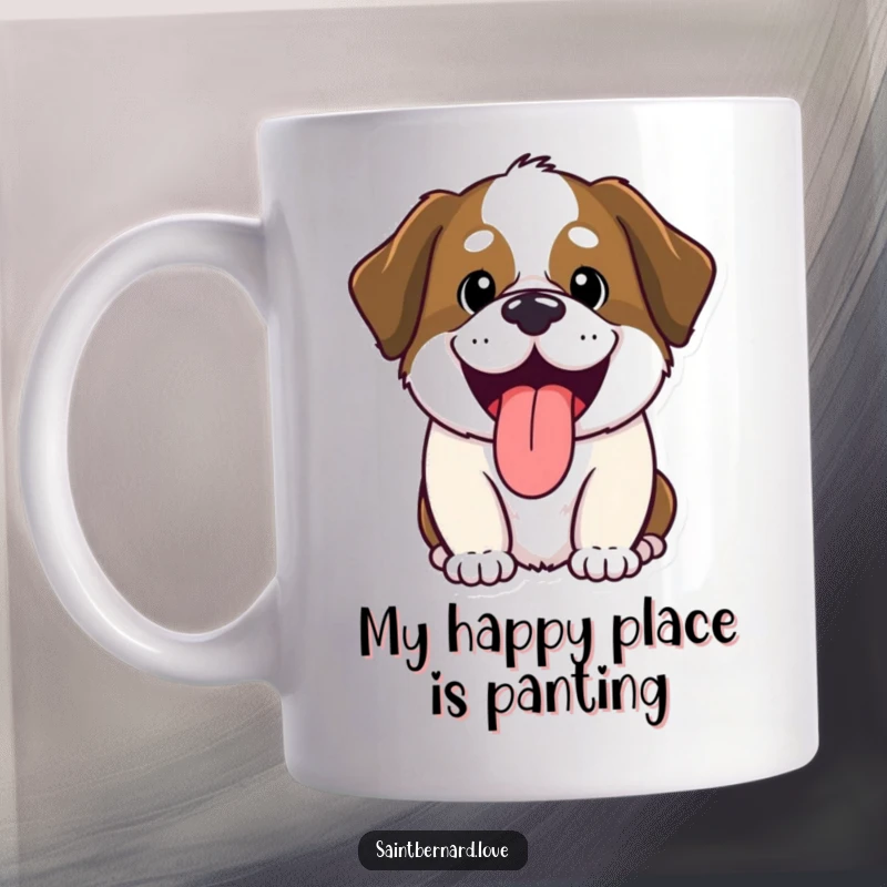 Funny Kawaii Saint Bernard mug, tongue out panting happily, adorable dog illustration, perfect for coffee lovers, cheerful and humorous gift idea.