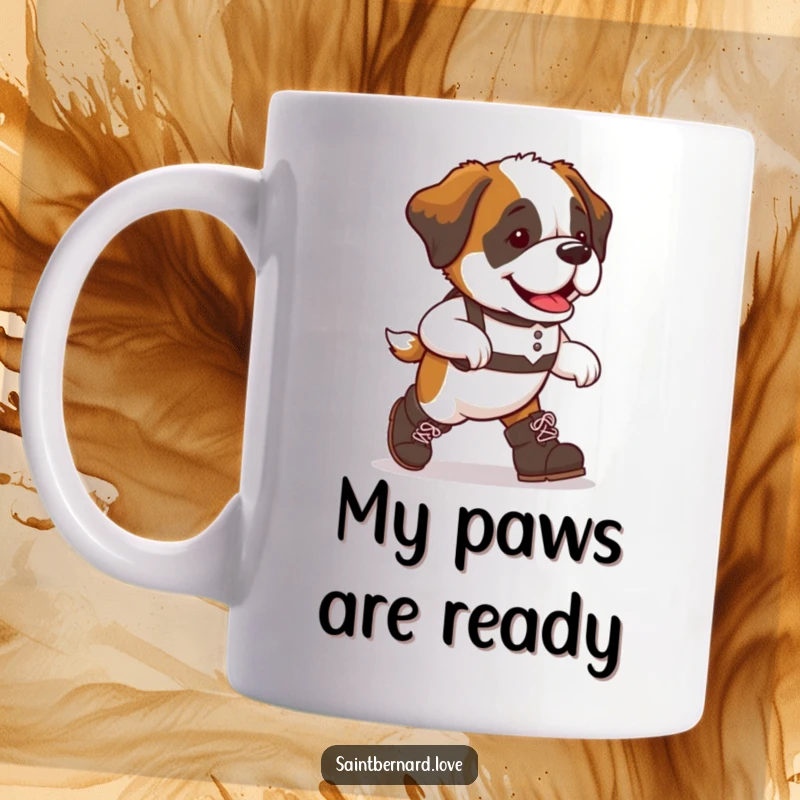 Funny Saint Bernard dog mug, large paws in oversized boots marching with playful determination, bringing smiles and laughter.