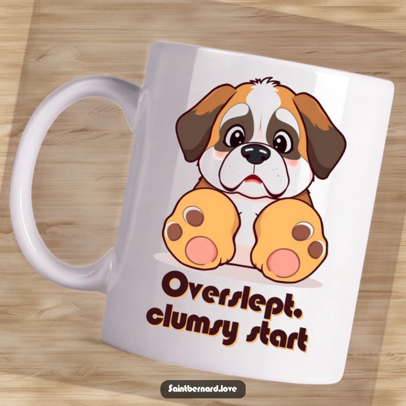 Funny Kawaii Saint Bernard mug, showing a surprised dog tripping comically over its giant paws, a moment of adorable mishap.