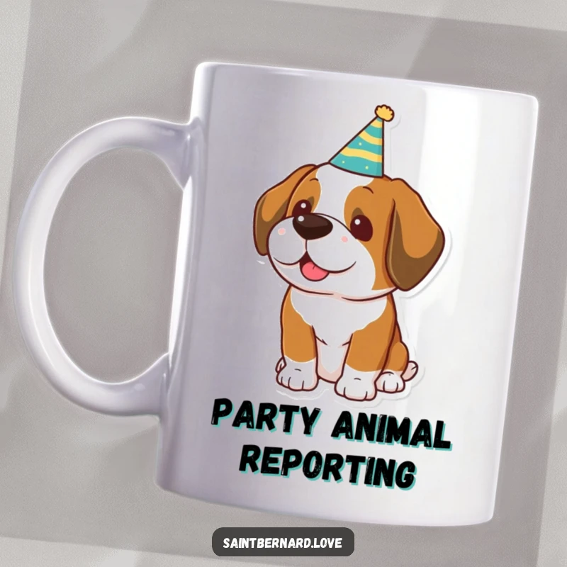 Funny Kawaii Saint Bernard Mug: A happy dog wearing a tiny party hat, ready for a celebration.