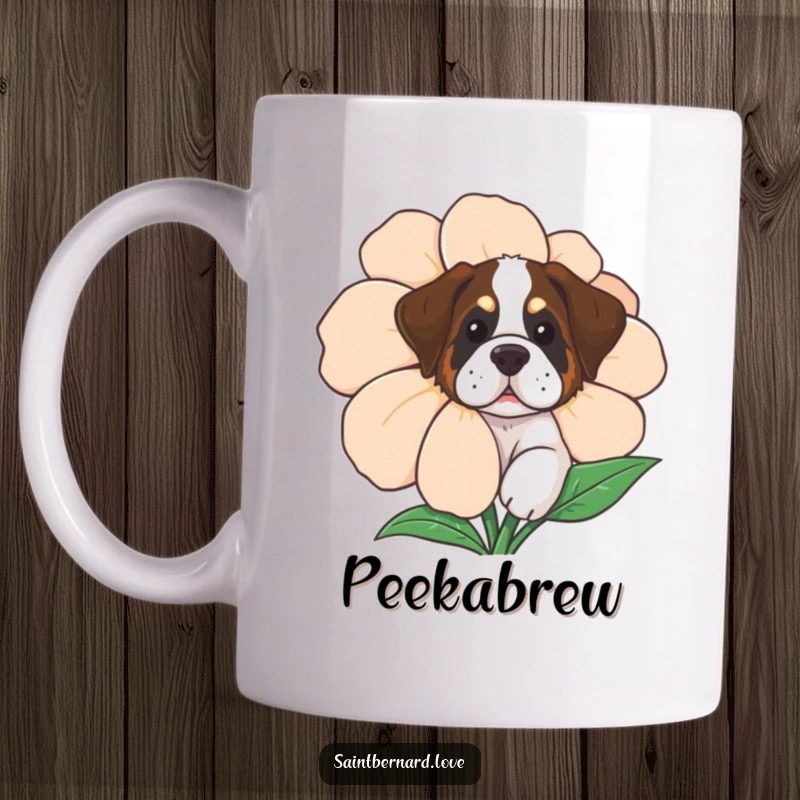 Funny Saint Bernard Mug, a curious dog peeking playfully from behind a large, vibrant flower, sweet and humorous.
