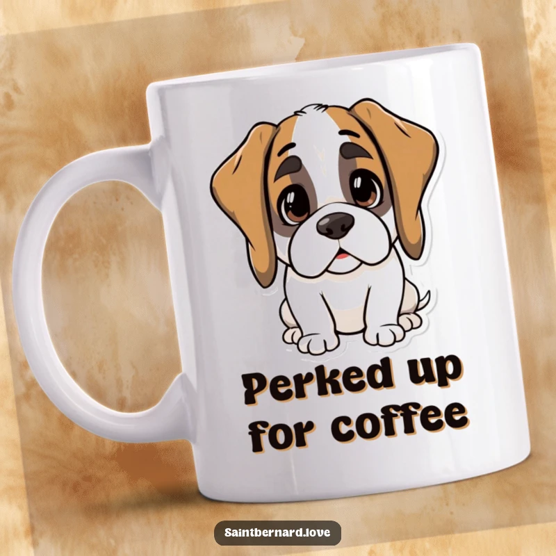Funny Kawaii Saint Bernard Mug: A cute dog with droopy ears suddenly perked, looking intently with curiosity. A wonderfully funny gift.