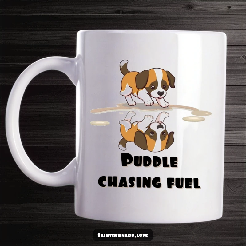 Funny Saint Bernard Mug showing a dog with a furiously wagging tail, joyfully chasing its own reflection in a puddle.