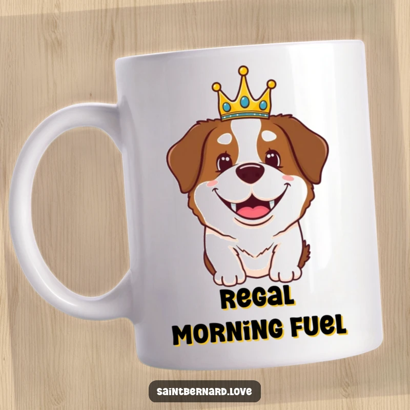 Funny Saint Bernard mug showing a happy dog with a big grin wearing a tiny, cute crown, embodying canine royalty.