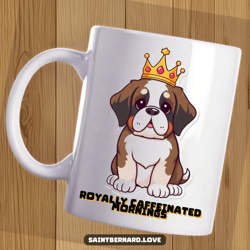 Funny Saint Bernard mug, kawaii dog wearing a tiny crown, sitting proudly, regal illustration, perfect for coffee lovers, humorous royal gift.