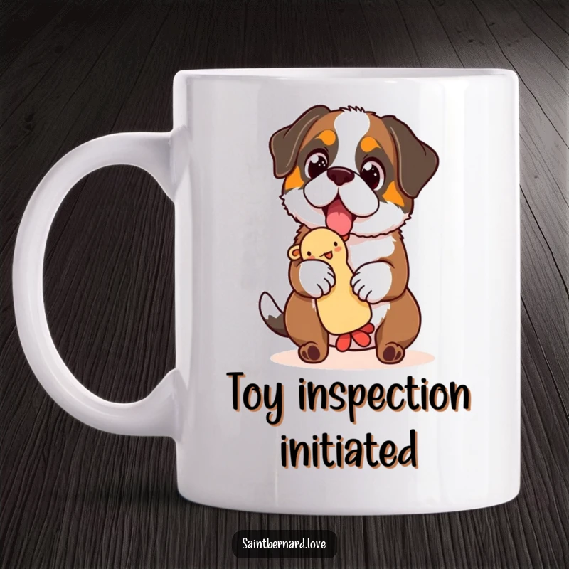 Funny Saint Bernard mug, a happy dog with sparkling eyes intently balancing a squeaky toy, conveying playful concentration.