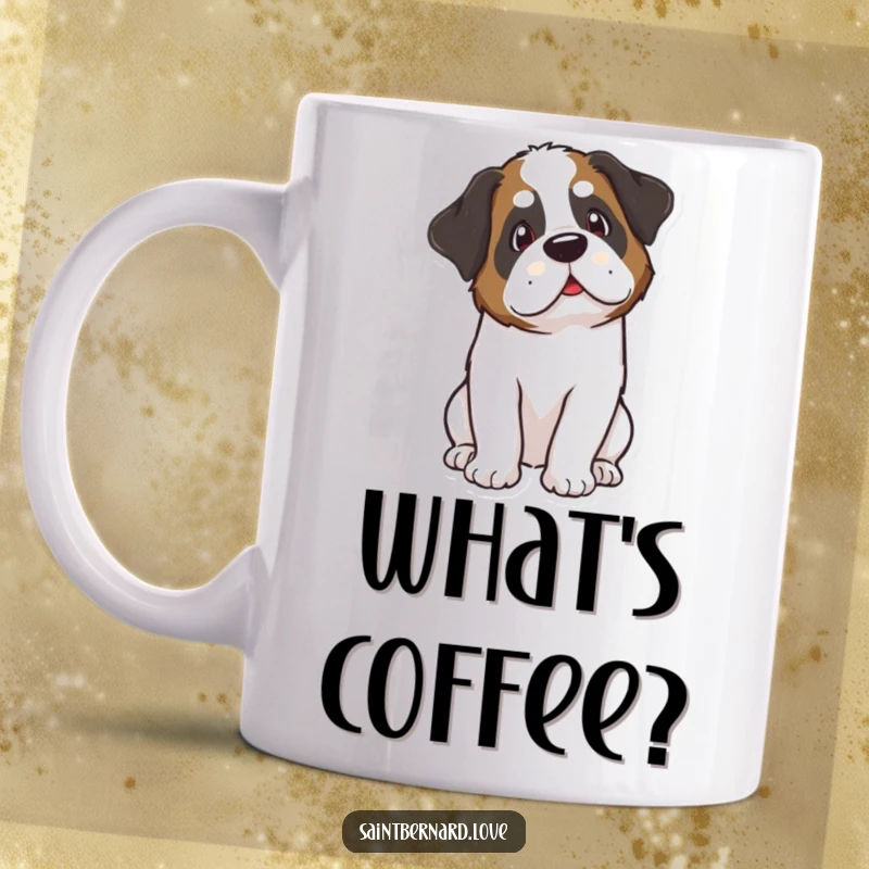Funny Kawaii Saint Bernard Mug: A cute dog tilts its head curiously, displaying funny inquisitiveness and adorable charm for dog lovers.