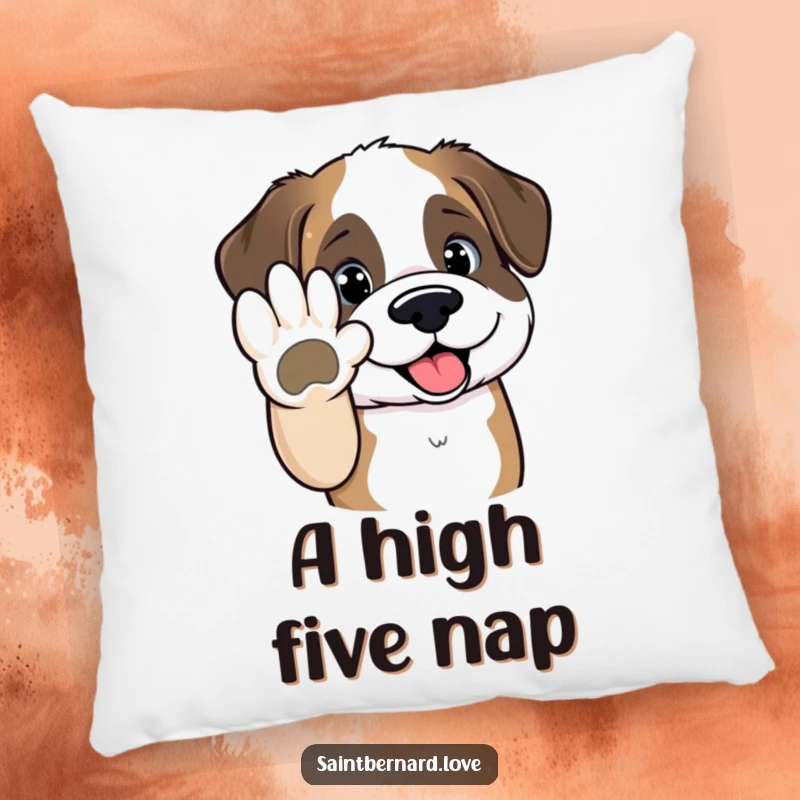 Funny Saint Bernard pillow featuring a kawaii dog holding its paw out for a high-five, offering soft comfort and encouraging vibes.