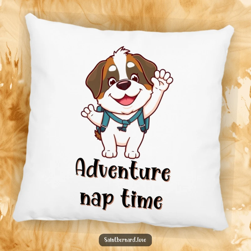 Funny Saint Bernard pillow depicting a goofy character in a small backpack, waving with a huge smile, offering comfort and humor for any room.