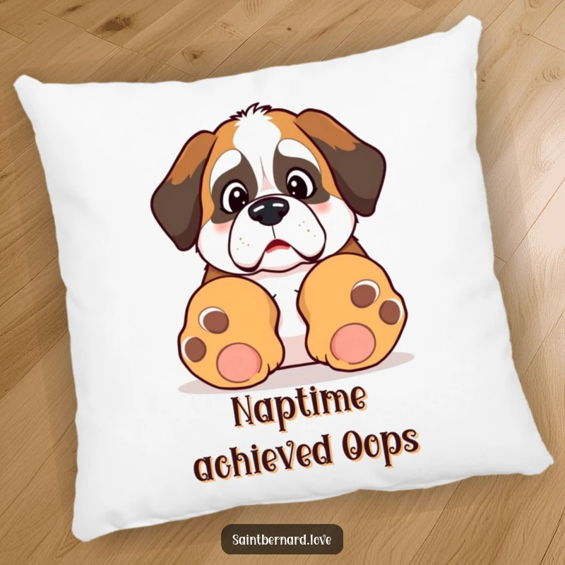 Funny Kawaii Saint Bernard pillow, soft and cute, showing a surprised dog tripping over its giant paws for cozy, humorous appeal.