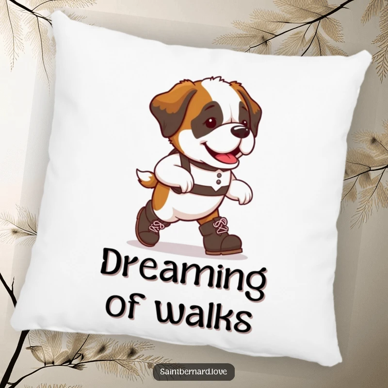 Funny Saint Bernard dog pillow, oversized boots, marching with cute determination, a soft and humorous accent for sofas and beds.