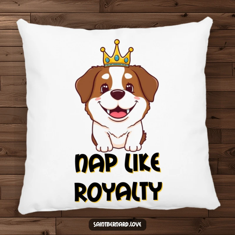 Funny Saint Bernard pillow featuring a happy, grinning dog wearing a small crown, perfect for adding royal comfort.