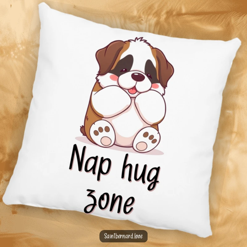 Funny Kawaii Saint Bernard Pillow: A plush cushion featuring a cute Saint Bernard giving a big bear hug with its paws, bringing funny, cozy charm.