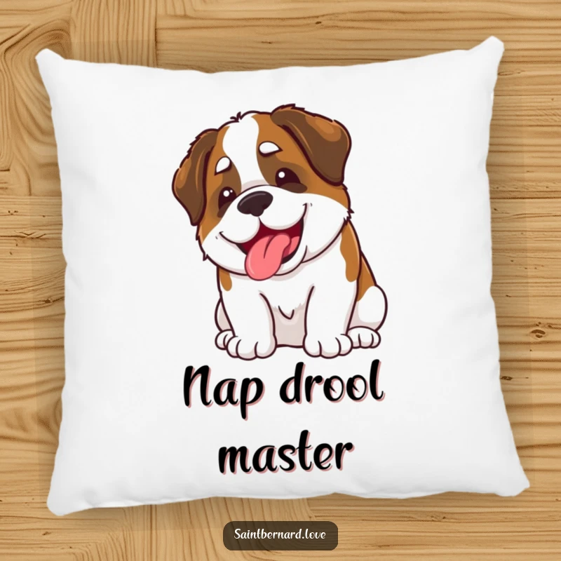Funny Kawaii Saint Bernard Pillow: A plush cushion featuring a cute Saint Bernard with a happy grin and playful slobber, bringing funny, cozy charm.