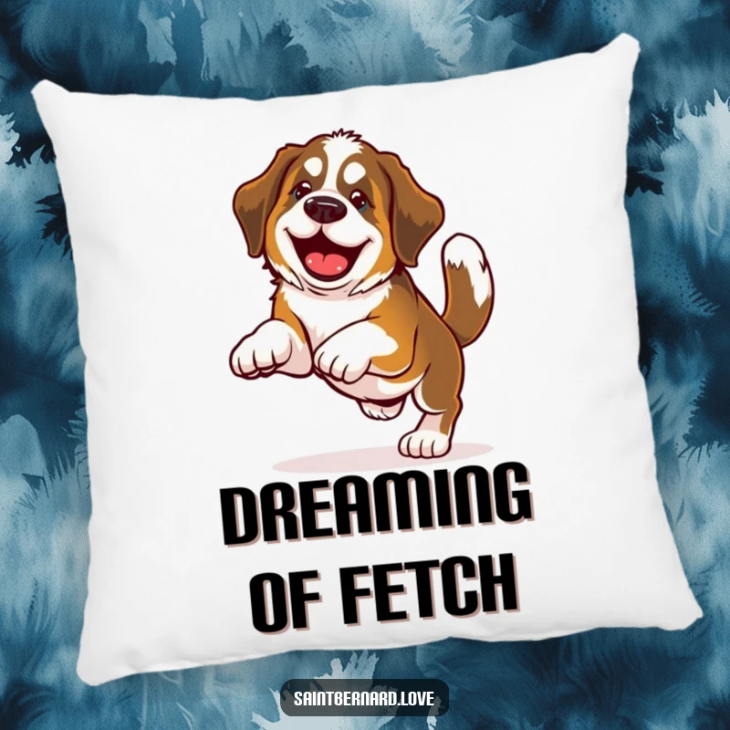 Funny Saint Bernard pillow featuring a happy dog with a wagging tail enthusiastically playing fetch, offering comfort and a dose of cheer.