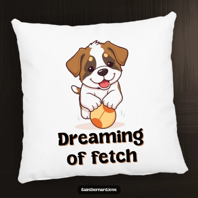 Funny Saint Bernard Puppy Pillow: A plush pillow displaying a Saint Bernard puppy with prominent floppy ears gleefully pursuing a rolling ball.
