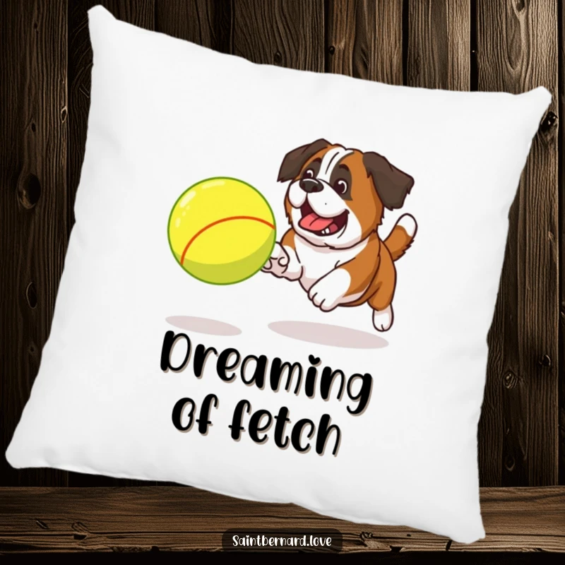 Funny Saint Bernard tennis ball pillow showing a dog excitedly chasing a large ball, adding playful decor.