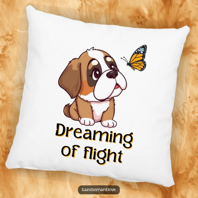 Funny Saint Bernard pillow depicting a loyal dog with a relaxed ear, gazing with curiosity at a butterfly, offering comfort and a touch of sweet humor.