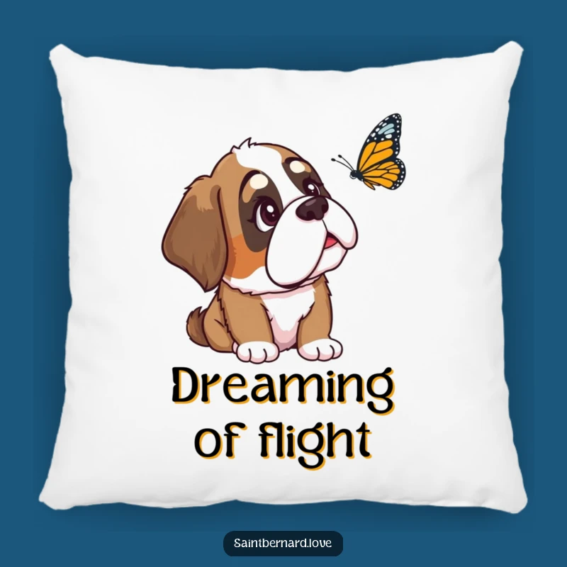 Funny Saint Bernard Pillow: Curious Dog Watching Butterfly, Cozy & Sweet