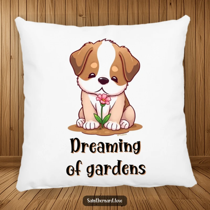 Funny pillow featuring a soft Saint Bernard character with a gentle expression, planting a tiny flower, perfect for cozy comfort.