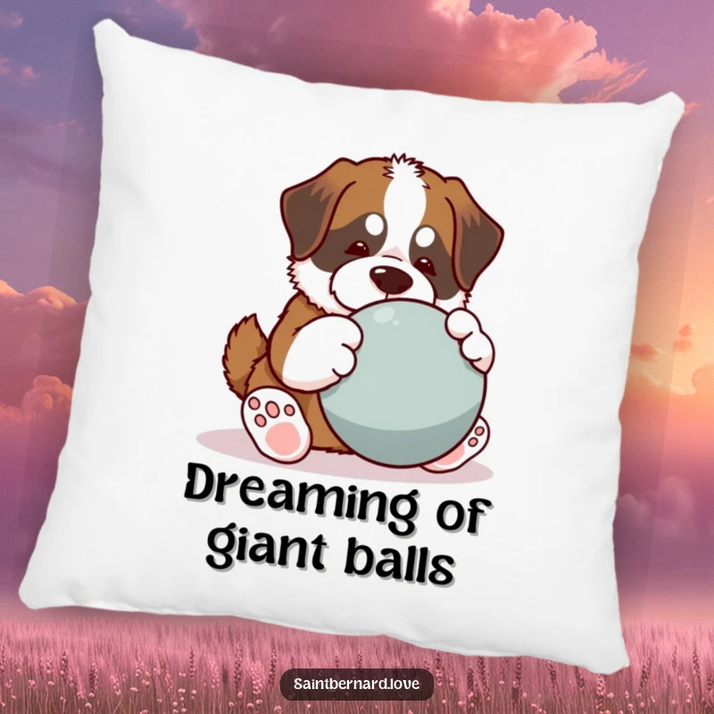 Funny Saint Bernard pillow, kawaii dog with big paws playing large ball, playful cozy home decor, humorous illustration, perfect funny gift for relaxation.