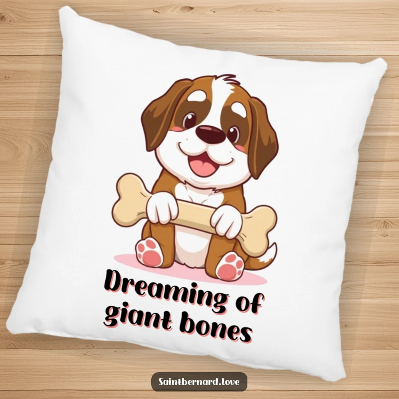 Funny Saint Bernard pillow, kawaii dog offering giant bone with smile, generous cozy home decor, humorous illustration, perfect funny gift for relaxation.
