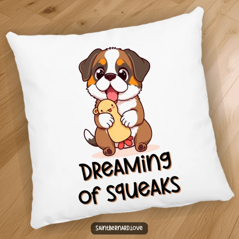 Funny Saint Bernard pillow, a soft cushion depicting a dog with sparkling eyes, skillfully balancing a squeaky toy, radiating comfort and joy.