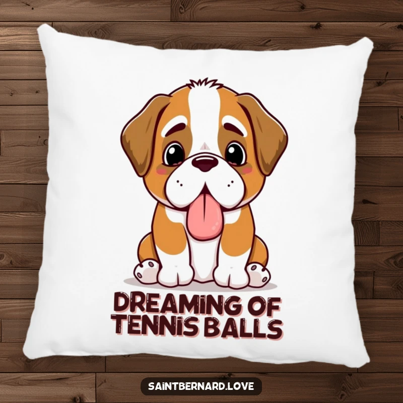 Funny Kawaii Saint Bernard pillow, soft and cute, showing a happy panting dog presenting a slobbery toy for cozy comfort.