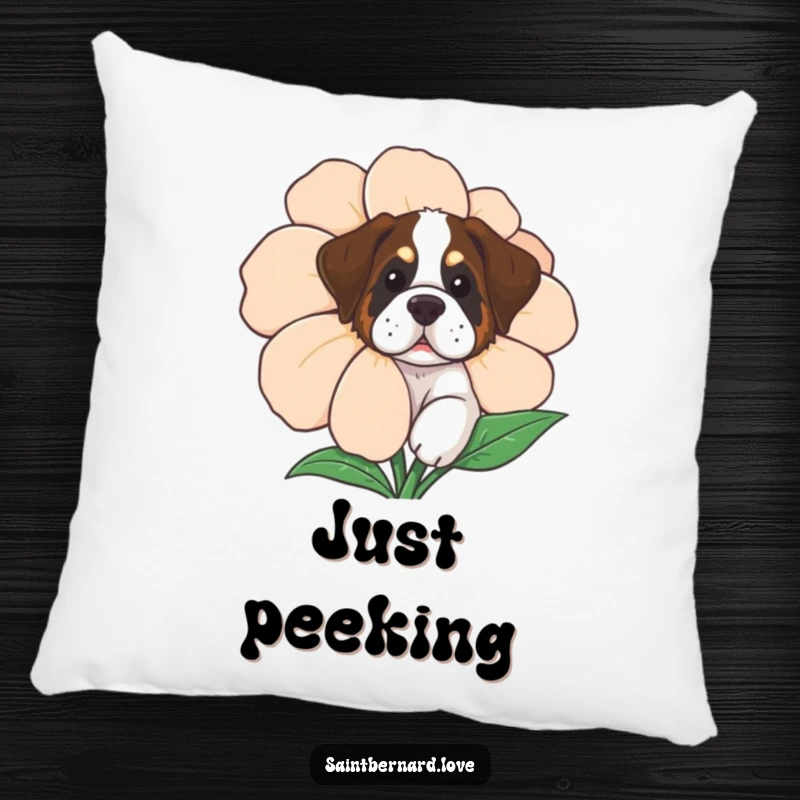Funny Saint Bernard Pillow showing a curious dog peeking from behind a large flower, cozy and decorative.