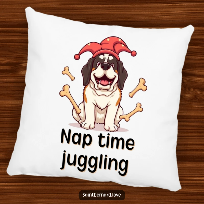 Funny Saint Bernard pillow showcasing a giant dog dressed as a jester, juggling oversized bones with a completely delighted expression, soft and humorous.