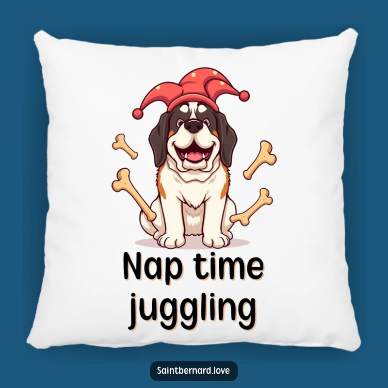 Funny Jester Saint Bernard Pillow - Giant Dog Juggling Bones for Comfy Laughs