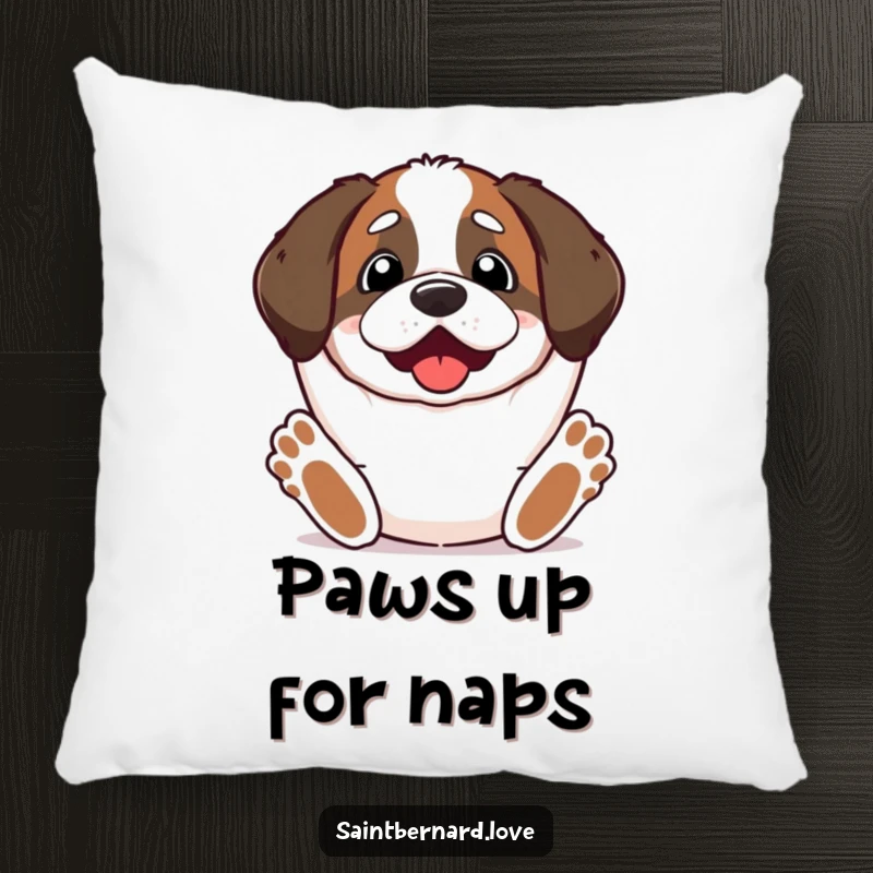 Funny Kawaii Saint Bernard Pillow featuring a dog with paws stretched upwards, looking excited, offering comfort and enthusiastic vibes.
