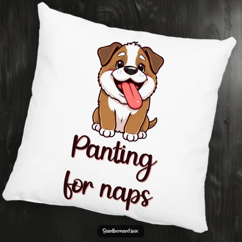 Funny Kawaii Saint Bernard Pillow: A happy puppy pants with tongue out, offering funny comfort and cheerful doggy charm.