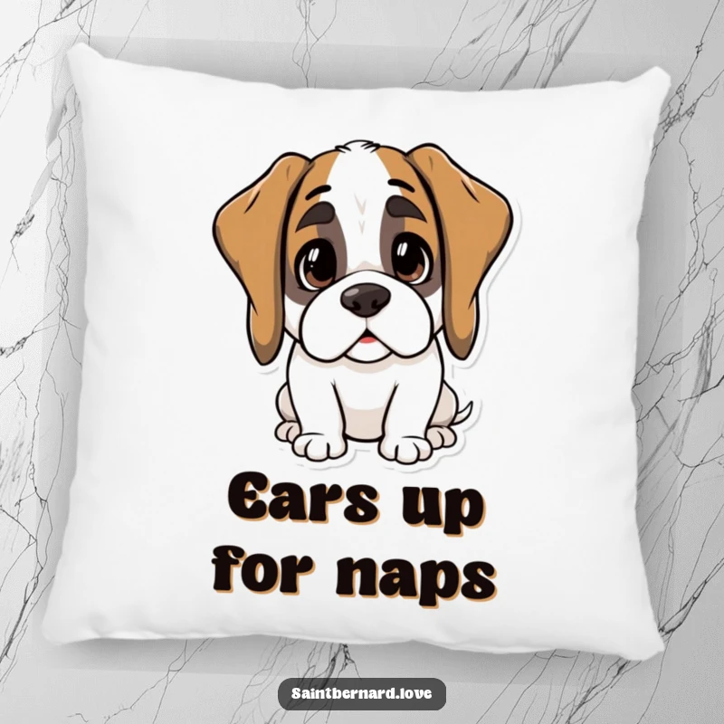Funny Kawaii Saint Bernard Pillow: A soft cushion featuring a cute dog with ears perked, looking curiously. A lovely funny gift.