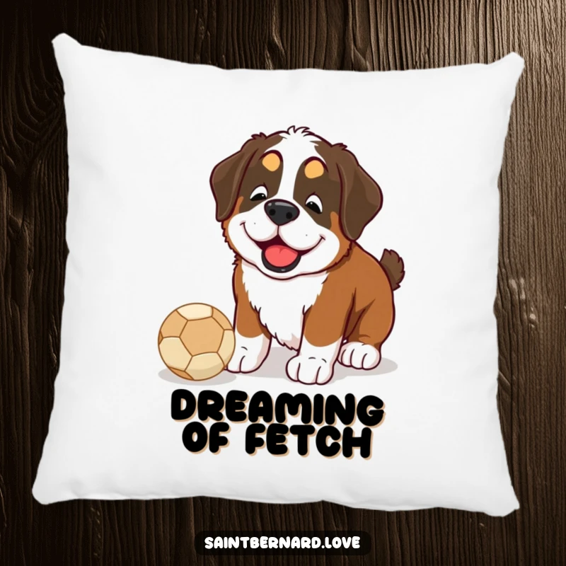 Funny Saint Bernard pillow showcasing a happy dog nudging a ball with its nose, adding cheerful decor.