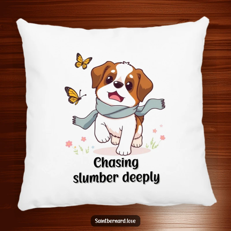 Funny Saint Bernard pillow, a dog in a scarf chasing a butterfly, soft and humorous home decor.