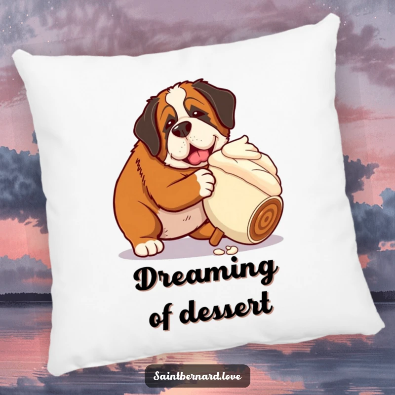 Funny Saint Bernard pillow with a dog nudging a huge rolling ice cream cone, providing plush comfort and dessert-themed humor.