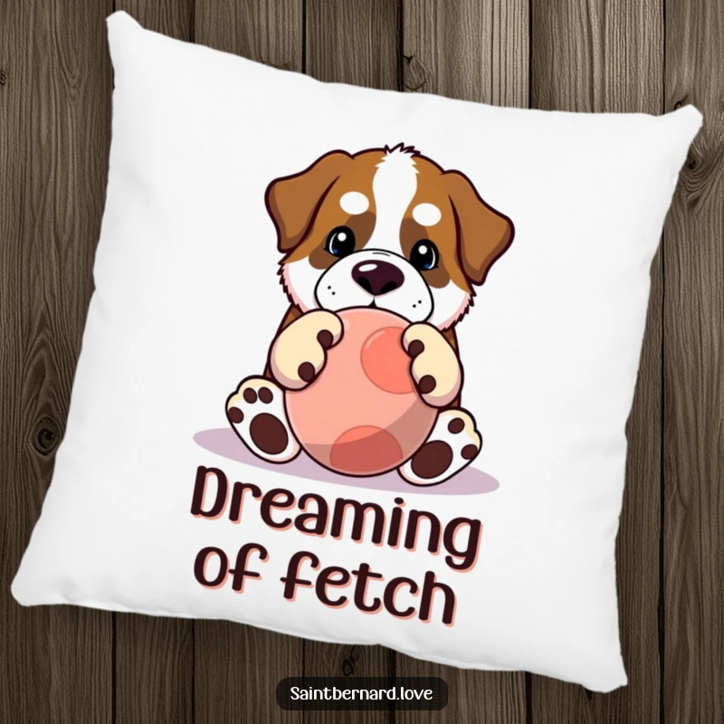 Funny Saint Bernard pillow featuring a cute Kawaii dog with large paws playing with a huge ball, offering plush comfort. A perfect funny gift.