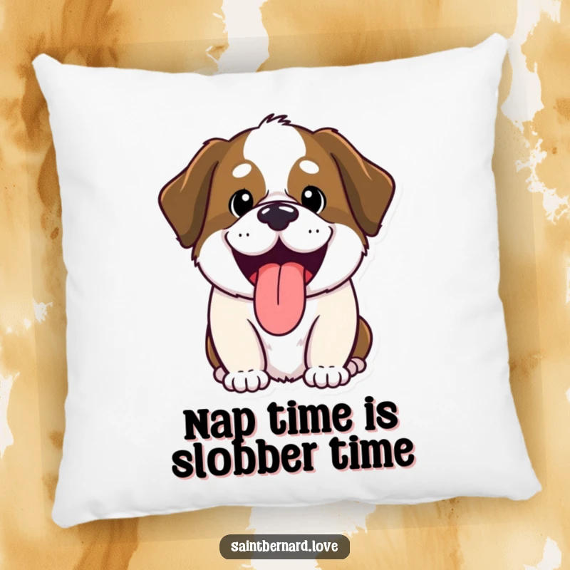 Funny Saint Bernard pillow, kawaii dog panting happily, cute and cozy home decor, humorous illustration, perfect funny gift for relaxation and smiles.