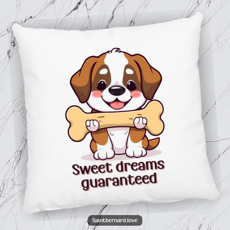 Funny Saint Bernard pillow featuring a cute Kawaii dog smiling and offering a huge bone, offering plush comfort and warmth. A perfect funny gift.