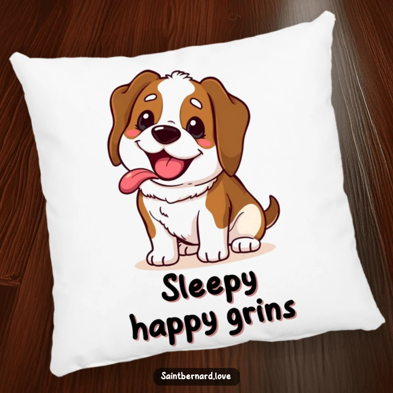 Funny Saint Bernard pillow featuring a kawaii dog with a wide, happy, panting grin, offering soft comfort and infectious cheer.