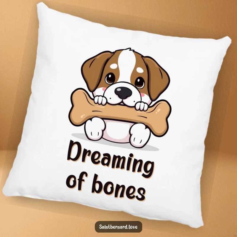 Funny Saint Bernard pillow featuring a kawaii dog peeking coyly from behind a large dog bone, offering comfort and a hint of playful intrigue.