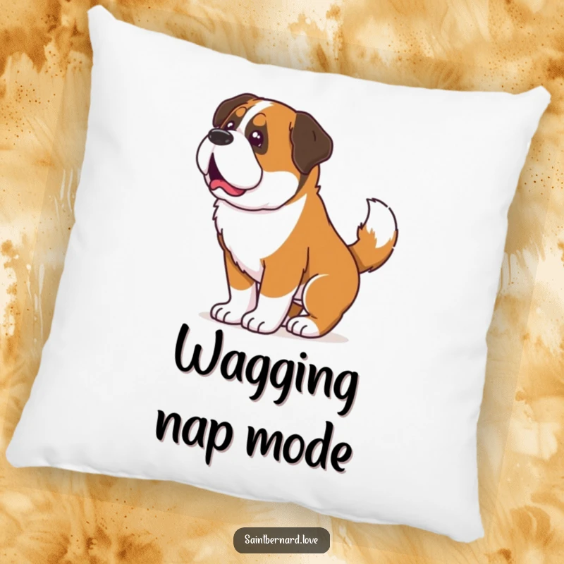 Funny Saint Bernard pillow, a plush cushion showing a dog whose whole body shakes with joy from its wagging tail, radiating comfort.