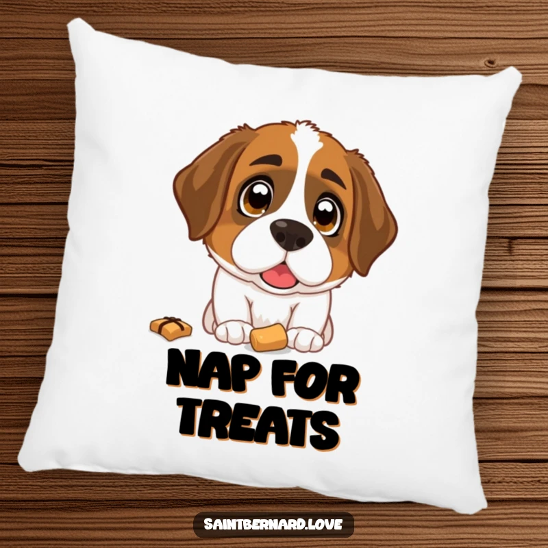 Funny Saint Bernard Pillow: A plush pillow illustrating a Saint Bernard dog with wide, soulful eyes fixated on a dropped treat.