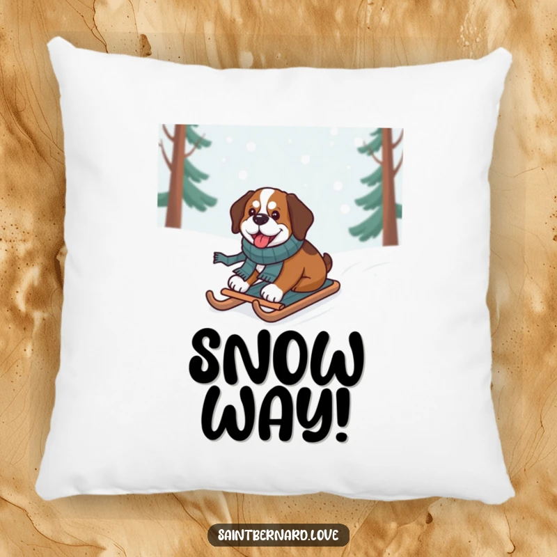 Funny Saint Bernard Pillow showing a dog in a scarf happily sledding down a snowy hill, cozy decor.