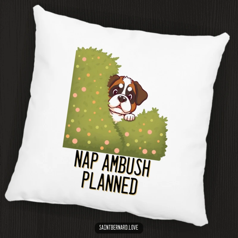 Funny Saint Bernard Pillow: Soft, decorative pillow with a Saint Bernard peeking mischievously from behind a bush, a cozy and humorous dog accent.